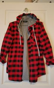 Flannel Red & Black Plaid Light Jacket with Hood